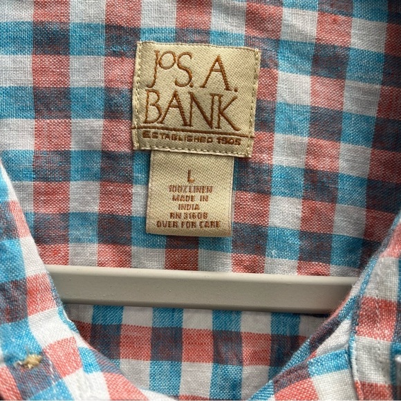 Jos.A.Bank Mens 100% Linen Blue and Pink Check Button Front Shirt Large - Picture 5 of 9